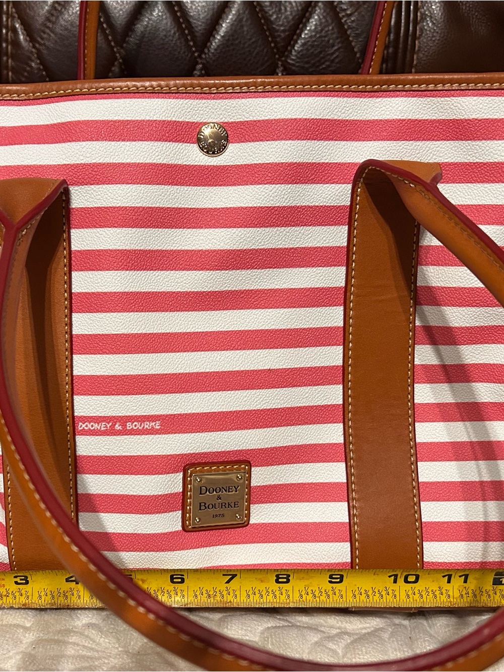 Dooney & Bourke Coral Stripe Canvas Tote with Tan Leather Trim